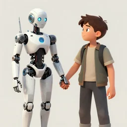 A boy holding hands with a female robot, trending on art station science fiction