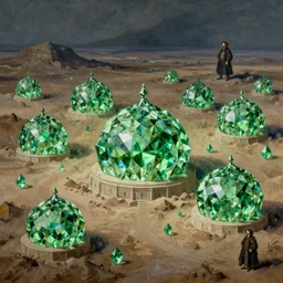 hyper detailed painting of domes made of glowing green diamonds, sprawling across majestic parched plains, by francisco goya and rembrandt, unsettling, mysterious, by stephan martiniere and alexander fedosav, hyperrealism, 8 k resolution, behance hd, artstation, nightcafe
