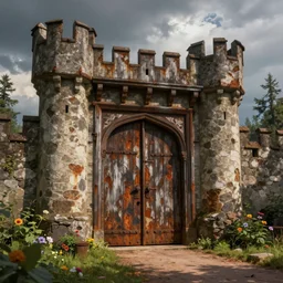 Professional digital art detailed old wood rusted castle door entrance with flowers and a long path outside by Evgeny Lushpin, cgsociety, artstation