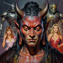A mixed media portrait painting of a naraka buddhist demons, sweat, aesthetic symmetrical face and eyes, photorealistic, model, wet, starship-troopers, pacific-rim-mech in background, eighties pinup style, by Frank Frazetta, Boris Vallejo, Beeple, Greg Rutkowski, Christian MacNevin, epic fantasy character art, high fantasy, CGsociety, exquisite detail, post-processing, masterpiece, cinematic
