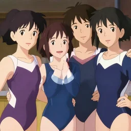 1 9 8 0 s, close - up, posing together in leotards. by yoshiyuki sadamoto, amagaitaro, makoto shinkai, krenz cushart, asao urata, pixiv