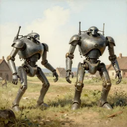 1920's battle in a farming village between bipedal mechs, painted by Jakub Rozalski