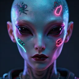 synthwave alien face with neon tattos, detailed face, sharp focus, synthwave art, aesthetic, octane render, raw, cinematic