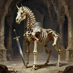 A spiked centaur skeleton with armored joints stands in a large cavernous throne room with sword in hand. Massive shoulderplates. Extremely high detail, realistic, fantasy art, solo, masterpiece, bones, ripped flesh, saturated colors, art by Zdzisław Beksiński, Arthur Rackham, Dariusz Zawadzki