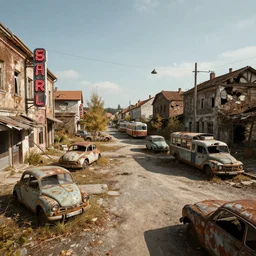 low wide angle shot of dilapidated fallout 5 europa, temperate european small town, desolate, dilapidated neon signs, few rusted retro futuristic vintage parked vehicles like cars, buses, trucks, trams, volumetric lighting, photorealistic, daytime, autumn, sunny weather, sharp focus, ultra detailed, 4 0 0 0 k