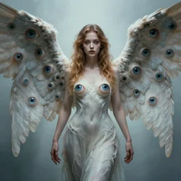 an angel, her wings are made of eyes, realistic horror fantasy art by greg rutkowski and magali villanueve and monet, concept art, smooth, cinematic lighting, 8 k resolution