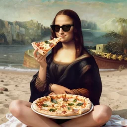 a young woman wearing sunglasses is sitting on the beach holding a big slice of pizza!, looks like mona lisa, sharp focus, hyper realistic, soft colors, centered, insanely detailed, wide shot, a painting by leonardo da vinci