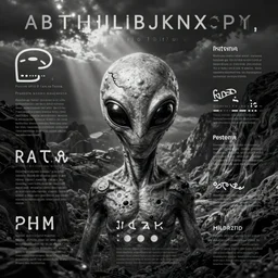 infographic sheet describing an alien alphabet, greyscale, high contrast,