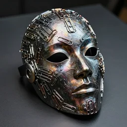 a close up of a mask on a table, cyberpunk art by Giger, zbrush central contest winner, afrofuturism, made of paperclips, darksynth, made of liquid metal