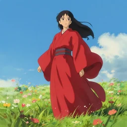 a beautiful woman standing in a field of flowers in long flowing red robes, trending on artstation, complimentary colors, detailed rough digital painting, concept art, studio ghibli, bright blue sky