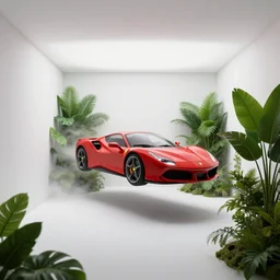 a photo of a white closed room and a futuristic flying red car inside by stuz 0 r and ferrari surrounded by lush green philodendron xanadu vegetation and fog, inside a closed white room with white walls