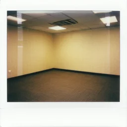 empty 9 0 s office building with no windows doors or furniture the building has brown carpet and yellow wallpaper, polaroid