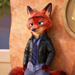 upper body shot of a red anthropomorphic female wolf, wearing a black leather jacket and denim pants, in the style of zootopia