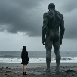 glitch girl and very very tall monster looks into the distance on the beach, in the rain, style of hiroshi sugimoto, atmospheric by william morris w 7 0 4