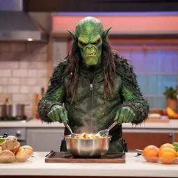 A photo of a Cthulu hosting a cooking show on the food network