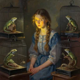 an oil painting of a russian girl in her room surrounded by cages with reptiles, night light lighting only on her face digital painting
