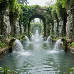 colonial fountains of water flooding a ghost town grand canal, stoic, spirits covered in drapery, archways made of lush greenery, water coming out of windows, light dust, magnificent, hyperdetailed, theatrical, close up, masterpiece, painted by jean honore fragonard and greg rutkowski and rob alexander