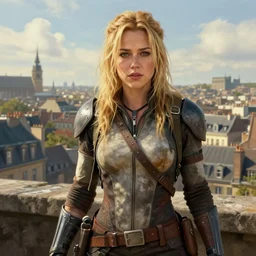 fallout 5, miley cyrus as a charismatic beautiful rugged blonde female protagonist, portrait, outdoors european cityscape, atmospheric lighting, painted, intricate, volumetric lighting, beautiful, daytime, spring, sunny weather, few clouds, sharp focus, deep colours, ultra detailed, art by william turner