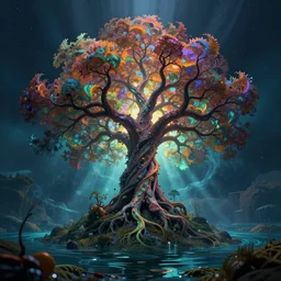 tree of life on a hill, soul rising to heaven, chromatic, infusion transformation underwater, radiant, deep focus, astrophotography luscious contemporaryart kaur fractal submerged [... ] natgeo fractal apocalyptic illustration groundwater venetian, night