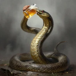 human - body snake drinks beer, human legs, beer, glass, beer mug in hand, intricate, triumphantly, foggy background, full body art, dark souls, drawing, concept art, artstation, digital painting