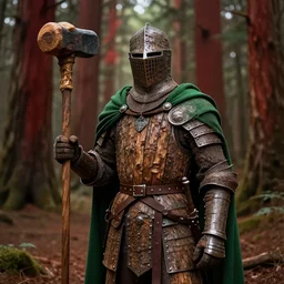 full portrait of a knight wearing wood armor, bark, big wooden club, green cloak, in a redwood forest, highly detailed, matte painting, by midjourney