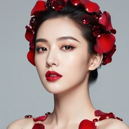 studio portrait absurdly beautiful, elegant, graceful, hypercolorful contrast sensual young gravure idol rubies red petals gems, ultrafine hyperrealistic detailed face illustration by kim jung gi, irakli nadar, intricate linework, sharp focus, bright colors, matte, octopath traveler, final fantasy, unreal engine highly rendered, global illumination, radiant light, intricate environment