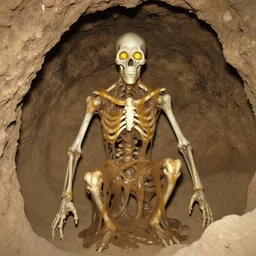 humanoid made of translucent brown sludge full of animal bones, it has glowing yellow eyes, found in a cave made of clay, found footage, unsettling, flash photography,