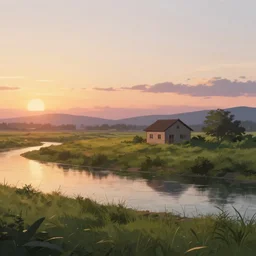 a serene landscape with a singular house near a river at sunset, anime style, calm, high quality,8k