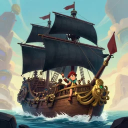 photo cartoon illustration comic manga painting of pirate ship with black sails, fantasy environement, digital painting, volumetric lighting by feng zhu, 3 d alejandro alvarez alena aenami artworks in 4 k beeple, by thomas kinkade hearstone league of legends dofus overwatch