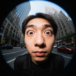 widest fish eye lens extremely close viewing a wide eyed man in the city