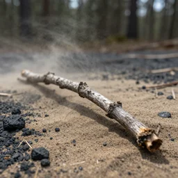 macro of a dry and dead branch in a forest of sand and coal, dust, wind, dirt, advertising photography