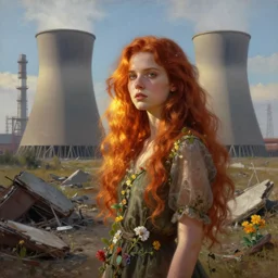 red hair girl, chernobyl powerplant, rubble, flowers, vines, hyperrealistic, highly detailed, cinematic, single ray of golden sunlight, beautiful, cgssociety, artstation, 8 k, oil painting by greg rutkowski, by artgerm, by wlop