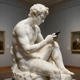 museum photo of a hyper realistic marble sculpture of a man scrolling his phone, by rachel ruysch, detailed octane render, volumetric light, ambient occlusion