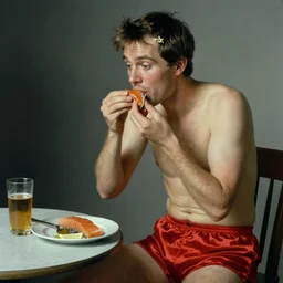 an attractive man wearing a hair clip in red silky shorts eating salmon by Edward Hopper