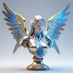 a portrait bust of a cybernetic angel with fiberoptic wings artstation blue and gold