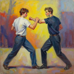 sam hyde in a self - defense situation, oil painting, colorful, vibrant