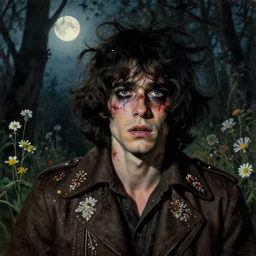 a beautiful but sinister ethnically ambiguous young man in layers of fear, with haunted eyes and wild hair, 1 9 7 0 s, seventies, woodland, a little blood, wildflowers, moonlight showing injuries, delicate embellishments, painterly, offset printing technique, by brom, robert henri, walter popp