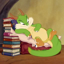 Dragon sleeping on a hoard of books, by Chuck Jones, animation keyframe, looney tunes, technicolor, cartoon