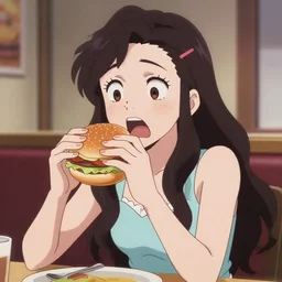 anime girl is horrified by burger. Horror. Belle delphine bread