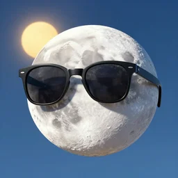 the moon wearing sunglasses. sun in the background
