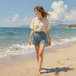 a painting of a girl walking on a beach, a digital painting by ilya kuvshinov, pixiv contest winner, plein air, speedpainting, storybook illustration, # screenshotsaturday