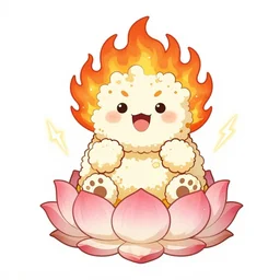 fluffy popcorn hit by lightning, yokai, in the style of a manga character, with a smiling face and flames for hair, sitting on a lotus flower, white background, simple, clean composition, symmetrical