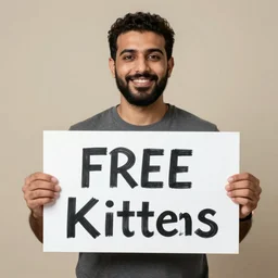 photo of emad holding a sign saying free kittens