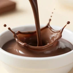 a macro shot of a liquid chocolate splashing out of a white bowl