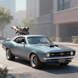 beautiful digital painting of a 1 9 6 0 s muscle car fitted with a miniature fusion engine and rocket boosters. beautiful car. sports car. american muscle car. stunning photograph. urban backdrop