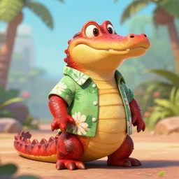 in the style of loish, anthropomorphic alligator, red scales on his back, yellow scale on his belly and chest, male, waring a hawaiian shirt, in the style of zootopia