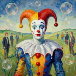 half figure portrait of a morphed harlequin in a landscape of million bubbles by james jean and luc tuymans and vincent lefevre and hernan bas and pat steir and hilma af klint, psychological, dripping paint, high quality render, masterpiece