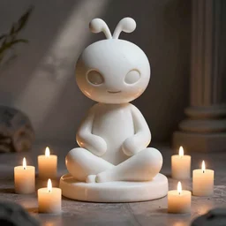 a white marble statue of the reddit alien mascot surrounded by lit candles