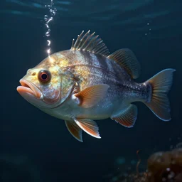 Professional studio portrait of a deep sea fish with light dangling from head, hyperrealistic, concept art, illustration, 8k, cinematic, digital painting, very detailed, volumetric lighting, artstation, octane render