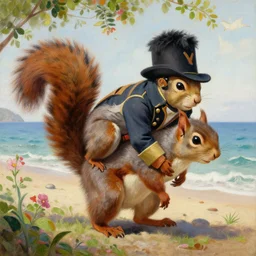 a giant squirrel carrying napoleon bonaparte on its back, beach scene with flowers and foliage, detailed oil painting